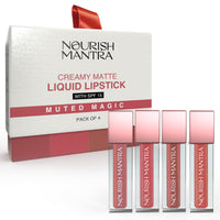 Nourish Mantra Muted Magic Matte Liquid lipstick combo with SPF 15 Set of 4(1.2ml Each) | Mini Lipsticks| nudeshade lip stick | brown lipsticks | Water Proof | Smudge Proof | transfer Proof | Long Lasting| Suits all skin tones