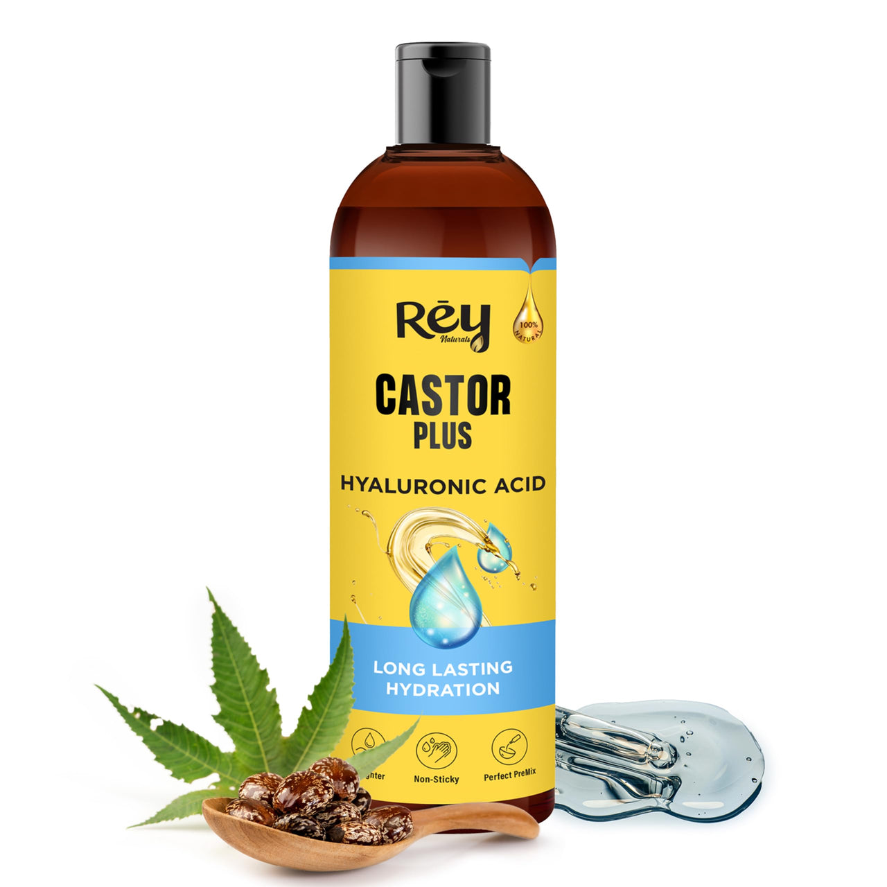 Rey Naturals Castor Oil For Hair Growth Plus Hyaluronic Hair Oil | Castor Oil Cold Pressed | Castor Oil For Skin | Castor Hair Oil | Skin Care, Moisturizer for Dry Skin, Nails, Eyelash - 100ml