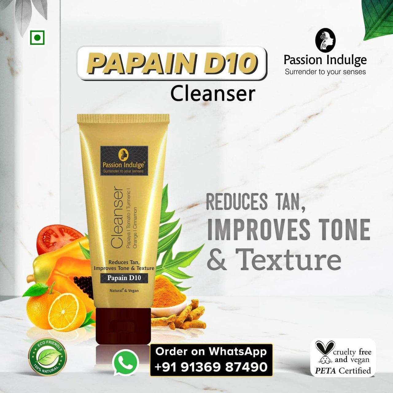 Passion Indulge Natural Papain D10 Cleanser 100ml & Simpli Aloe Vera Gel For Skin 200ml Combo Pack For Reduces Tan