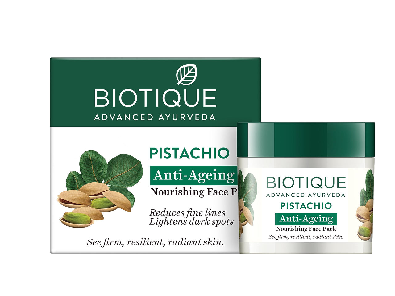 Biotique Bio Pistachio Ageless Nourishing and Revitalizing Face Pack for All Skin Types, 50g&Biotique Fruit Brightening Depigmentation & Tan Removal Face Pack For All Skin Types, 75gm