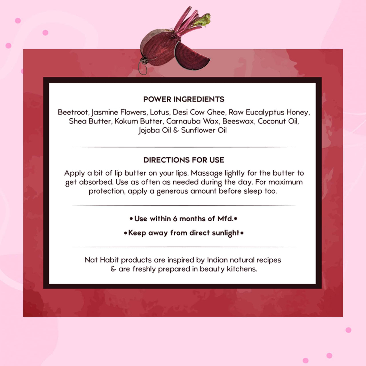 Nat Habit Lip Balm Fresh Beetroot Crush 10gm Lip Butter With Desi Ghee & Raw Honey For Natural Pink Lips, Nourishment, Dark And Chapped Lips - (Pack of 1)