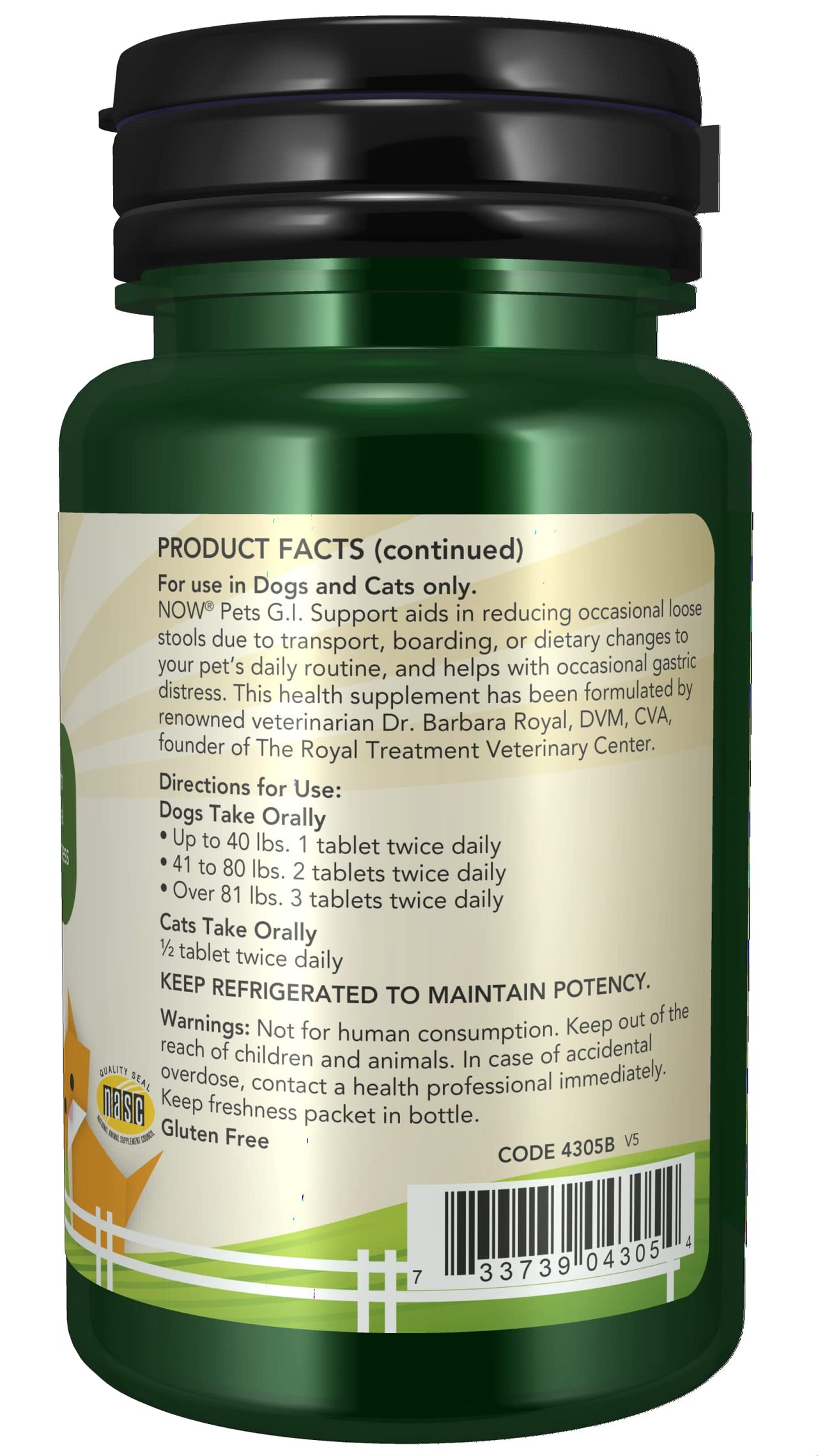 NOW Pet Health, G.I. Support Supplement, Formulated for Cats & Dogs, NASC Certified, 90 Chewable Tablets Light Brown