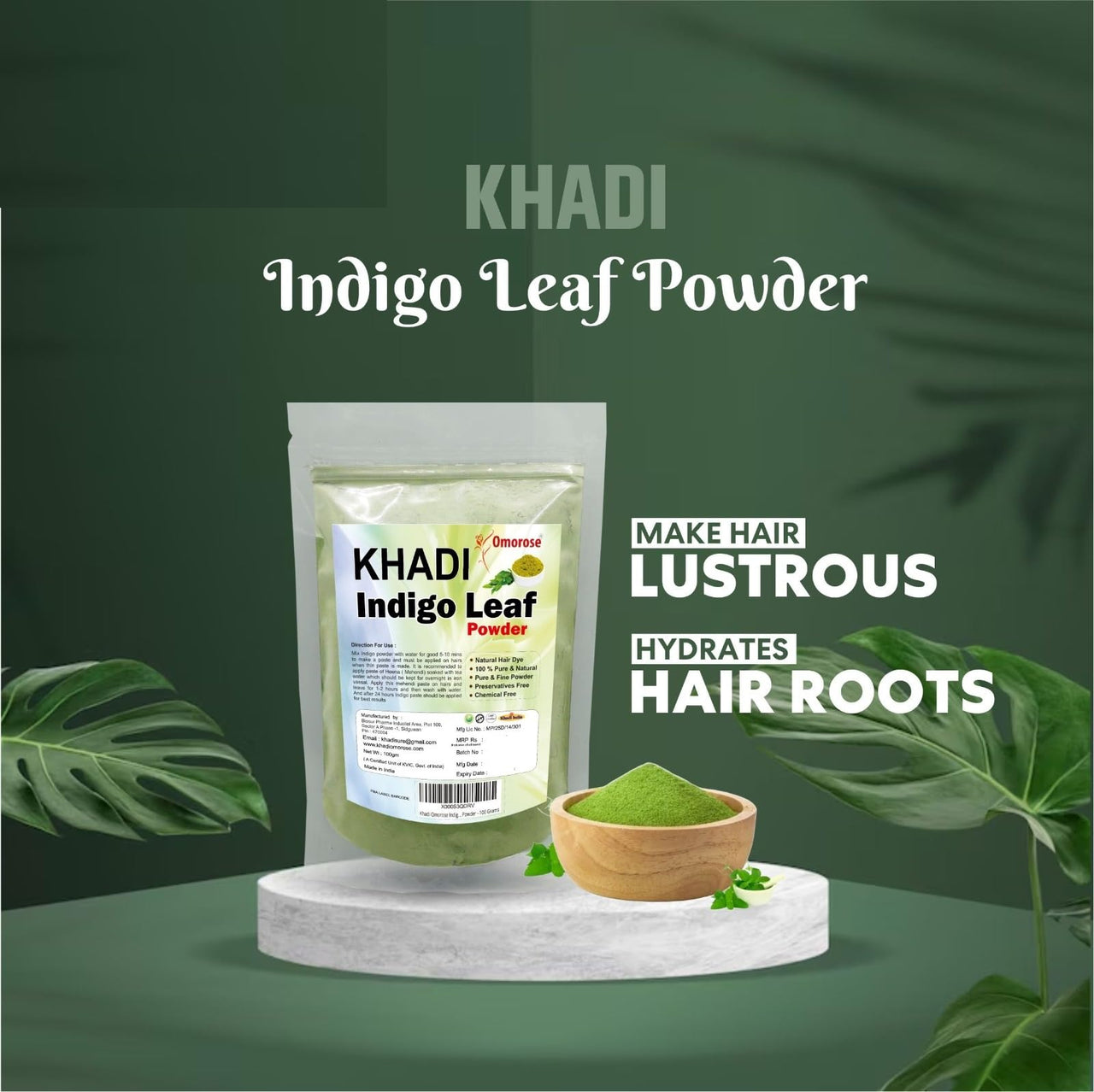 Khadi Omorose Indigo Leaf Powder For Hair (100 Grams) | (Pack of 2) | Total 200 Grams