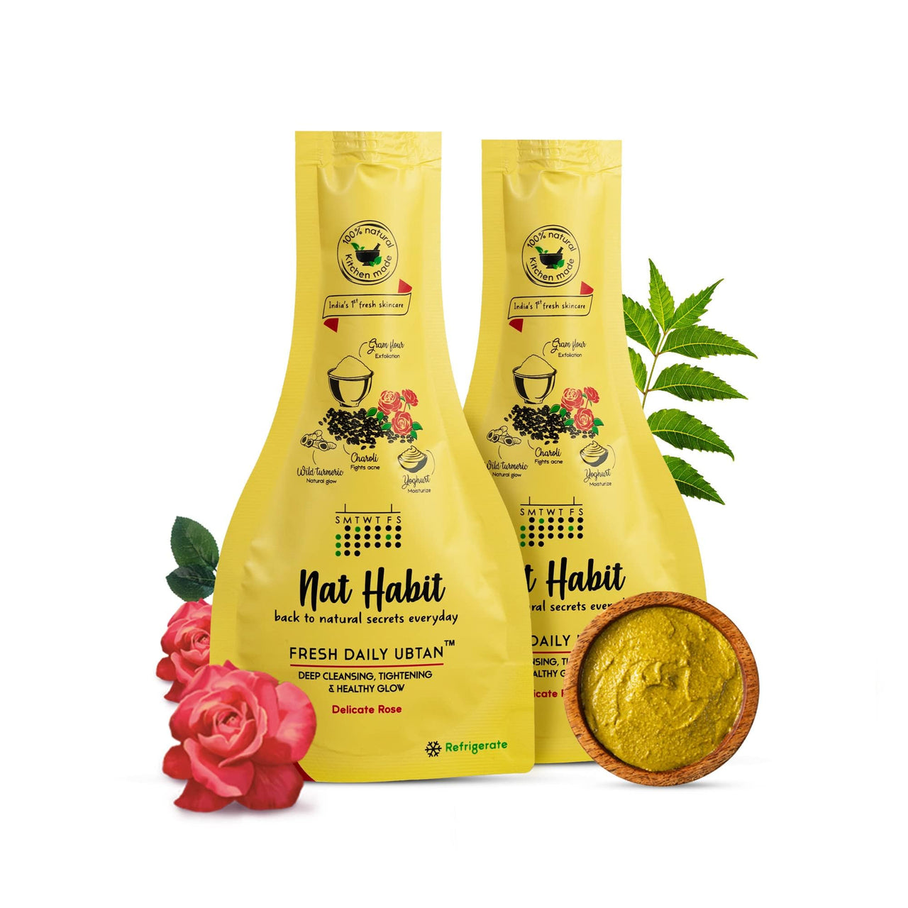 Nat Habit - Back To Natural Secrets Everyday Fresh Rose Ubtan, Face Wash, Cleanser, Face Pack Glowing Radiance, Dry & Oily Skin, Pimple, Acne Natural, Ayurvedic, (40 g) Pack of 2