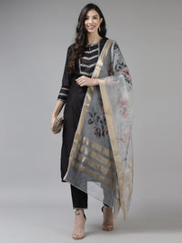 INDO ERA Women's  Cream Solid Viscose Straight Kurta Trouser With Dupatta Set