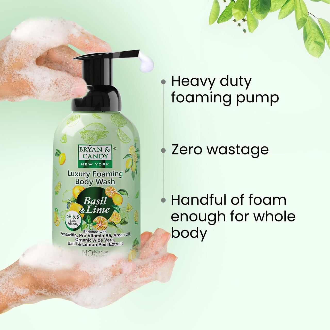 Bryan & Candy Luxury Foaming Body Wash with Pentavitin,Pro Vit B5,Argan Oil,Aloe Vera, Skin Friendly pH 5.5, All Skin Types, 400 Ml (Basil & Lime)