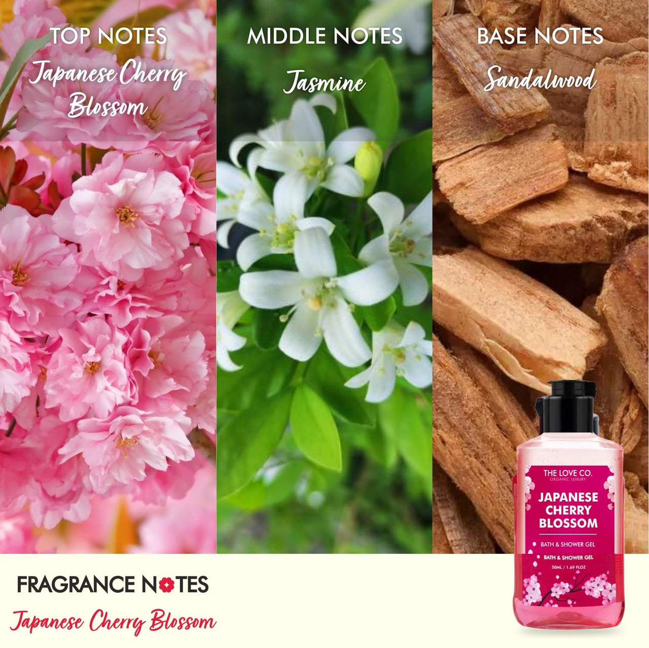 THE LOVE CO. Japanese Cherry Blossom Body Wash | Luxury Body Wash for Women | Organic & Vegan | Shower Gel Women | 100% Vegan | Luxury Beauty | Body Skin Care Products 50ml