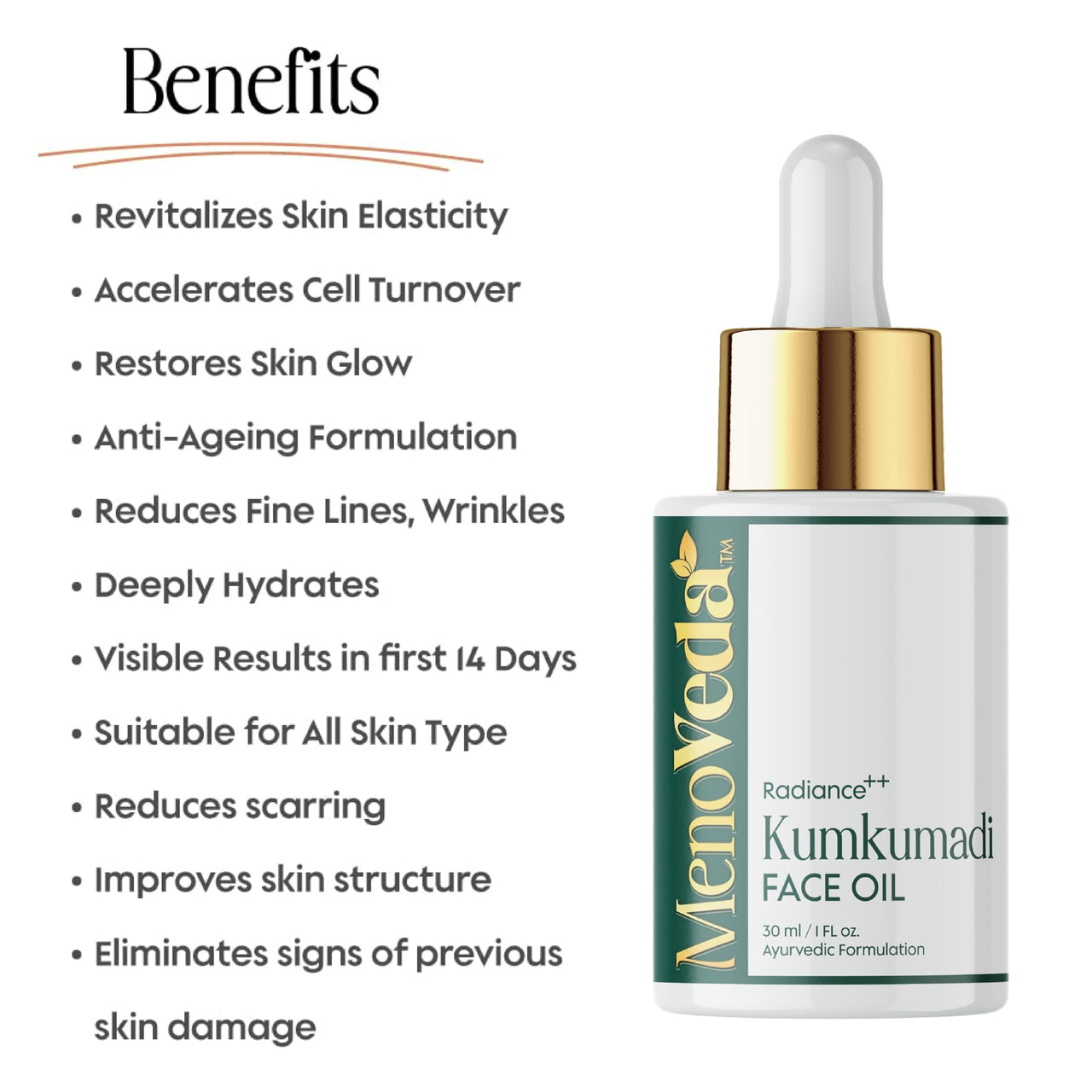 Menoveda Kumkumadi Face oil For glowing skin | Reduces Fine Lines & Wrinkles | Improves Elasticity | Antioxidant-Rich Anti-Ageing Formulation for Dark Spots, UnEven Skin Tone, Eye Area - 30 ml