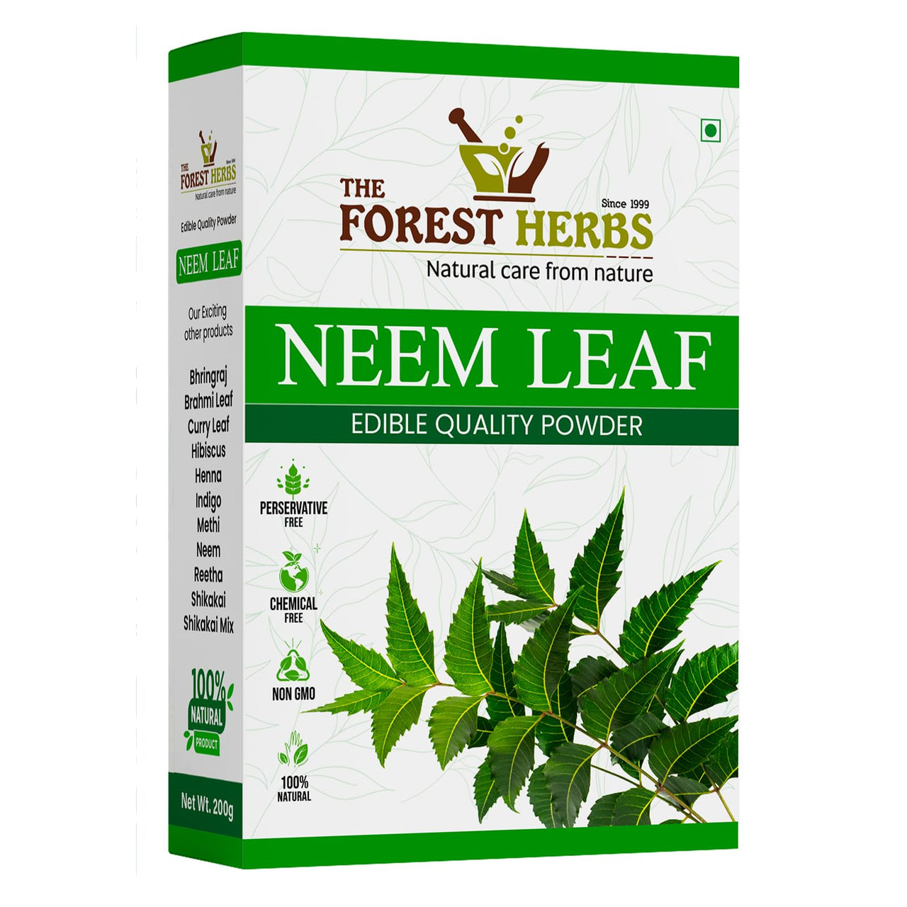 The Forest Herbs Natural Care From Nature 100% Pure Neem Leaves Powder 200 Grams (Sun Dried & Stemless) for Face, Skin, Hair Growth Pack