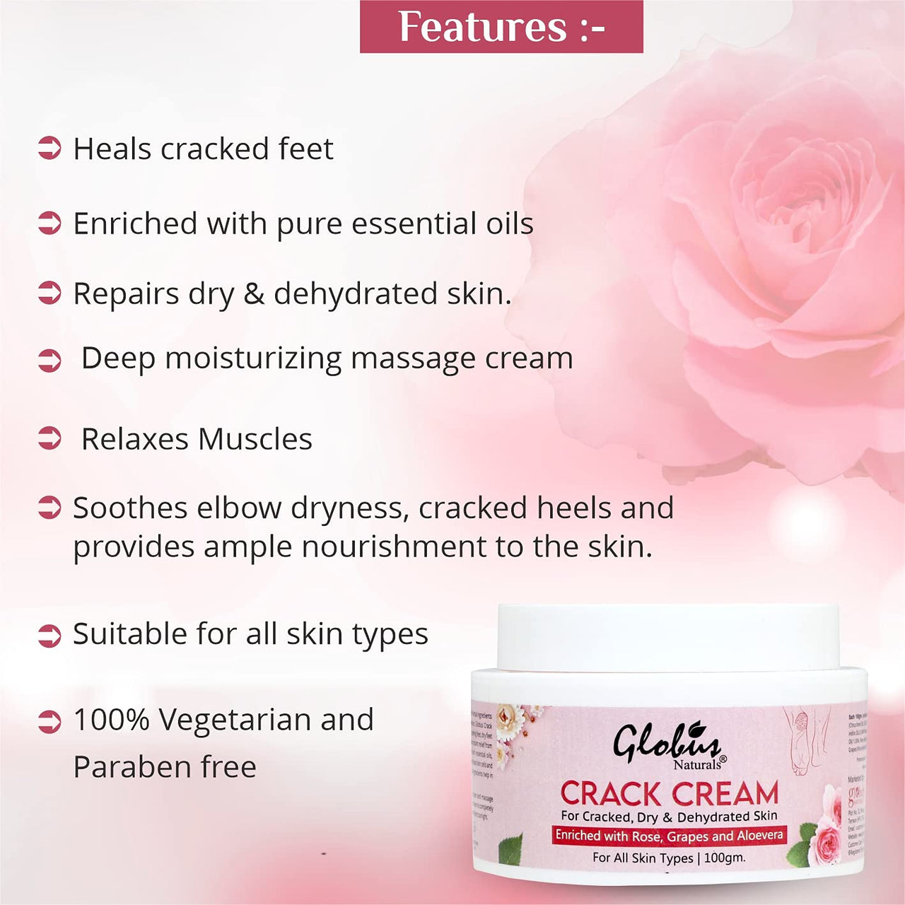 Globus Naturals Crack Cream for Dry Cracked Heels & Feet, Enriched with Aloevera, Grapes, Rose, Almonds, Lavender, 100g