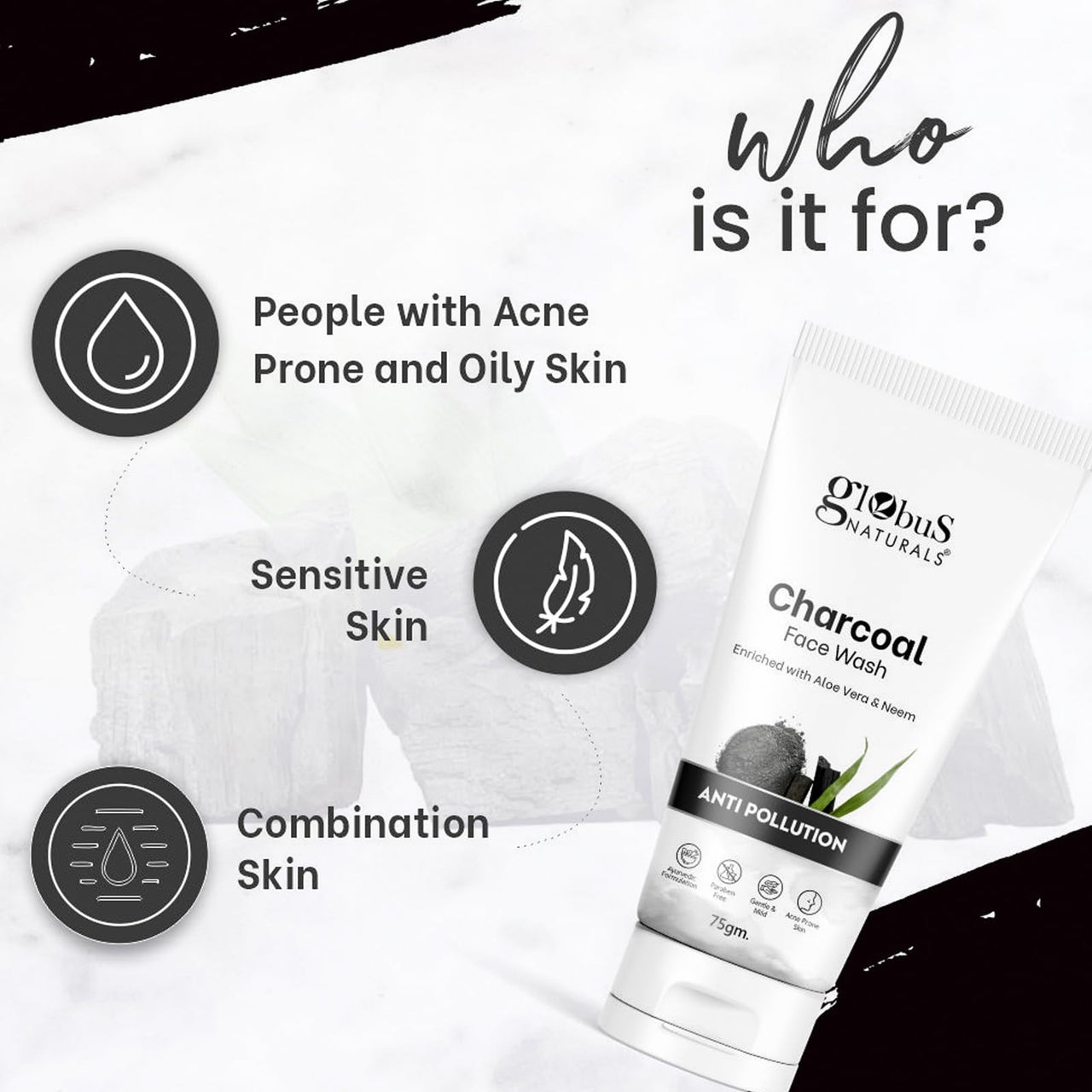 Globus Naturals Anti Pollution Charcoal Face Wash, Enriched with Tea Tree Oil, For Oily & Acne Prone Skin, 75 gm (Pack of 2)