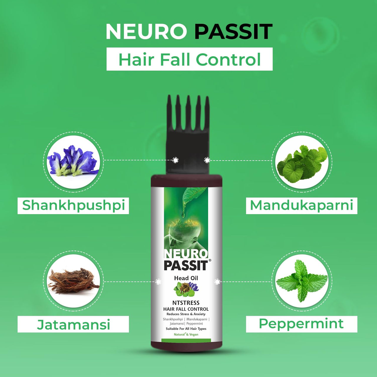 Passion Indulge Neuropassit NTstress Hair fall control oil 100ml & Papain 2 in 1 Conditioning Shampoo 200ml Combo Pack For Anti Dandruff | Reduce Stress & Anxiety | Hair Cooling Oil | Hair Fall Control | Soft & Shine Hair With Jatamansi & Papaya | Natural