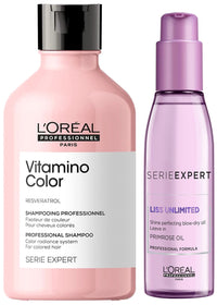 L'OREAL PROFESSIONNEL PARIS Serie Expert Vitamino Shampoo 300 Ml, For Coloured Hair & Serie Expert Liss Unlimited Blow Dry Serum 125 Ml
