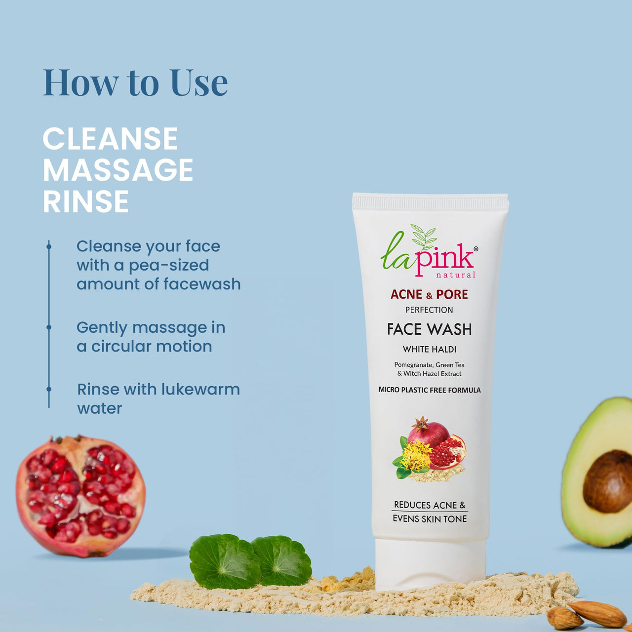 La Pink Acne & Pore Perfection Face Wash with White Haldi & Green Tea | For Acne Reduction & Even Skin Tone | 100% Microplastic Free & 100% Soap Free Formula | All Skin Types | 100ml