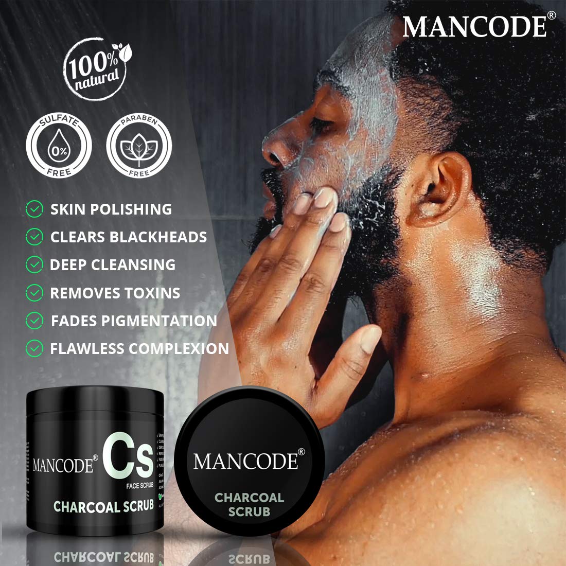Mancode Charcoal Scrub Blackhead & Whitehead Remover | Active Detoxifying Effect & Anti-Pollution Face Scrub | Deep Pore Cleansing | Suitable for Men of all skin types | 100gm
