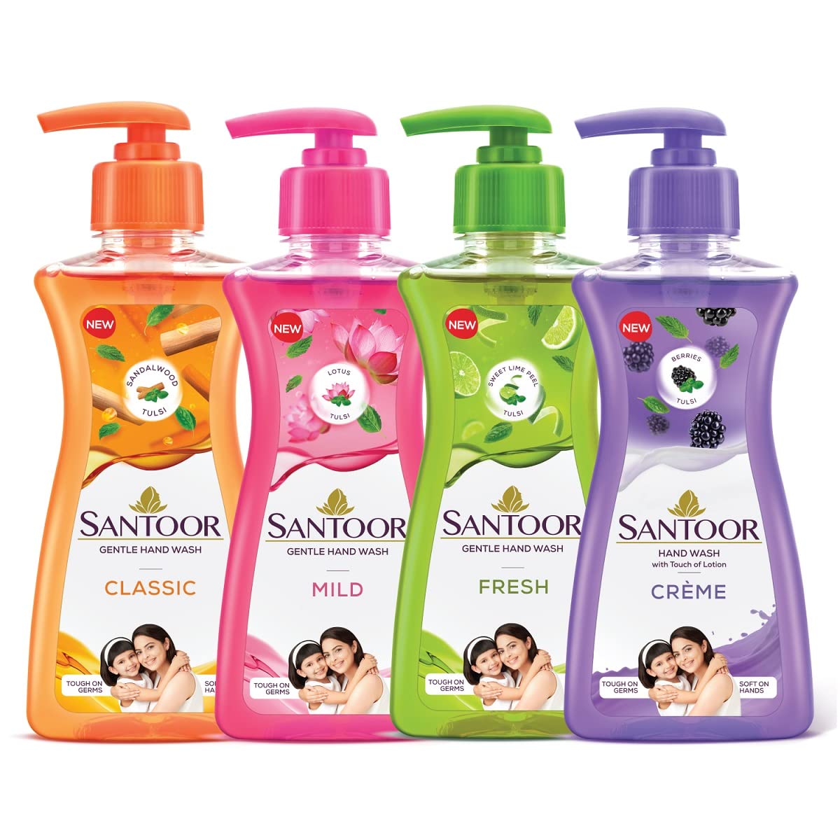 Santoor Crème Handwash 200ml, Pack of 4 with Touch of Lotion| Made with Berries & Tulsi| Rich Lathering Formula with Anti-Bacterial Properties| Soft on Hands| Soothes & Hydrates Skin