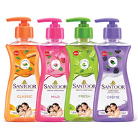 Santoor Crème Handwash 200ml, Pack of 4 with Touch of Lotion| Made with Berries & Tulsi| Rich Lathering Formula with Anti-Bacterial Properties| Soft on Hands| Soothes & Hydrates Skin