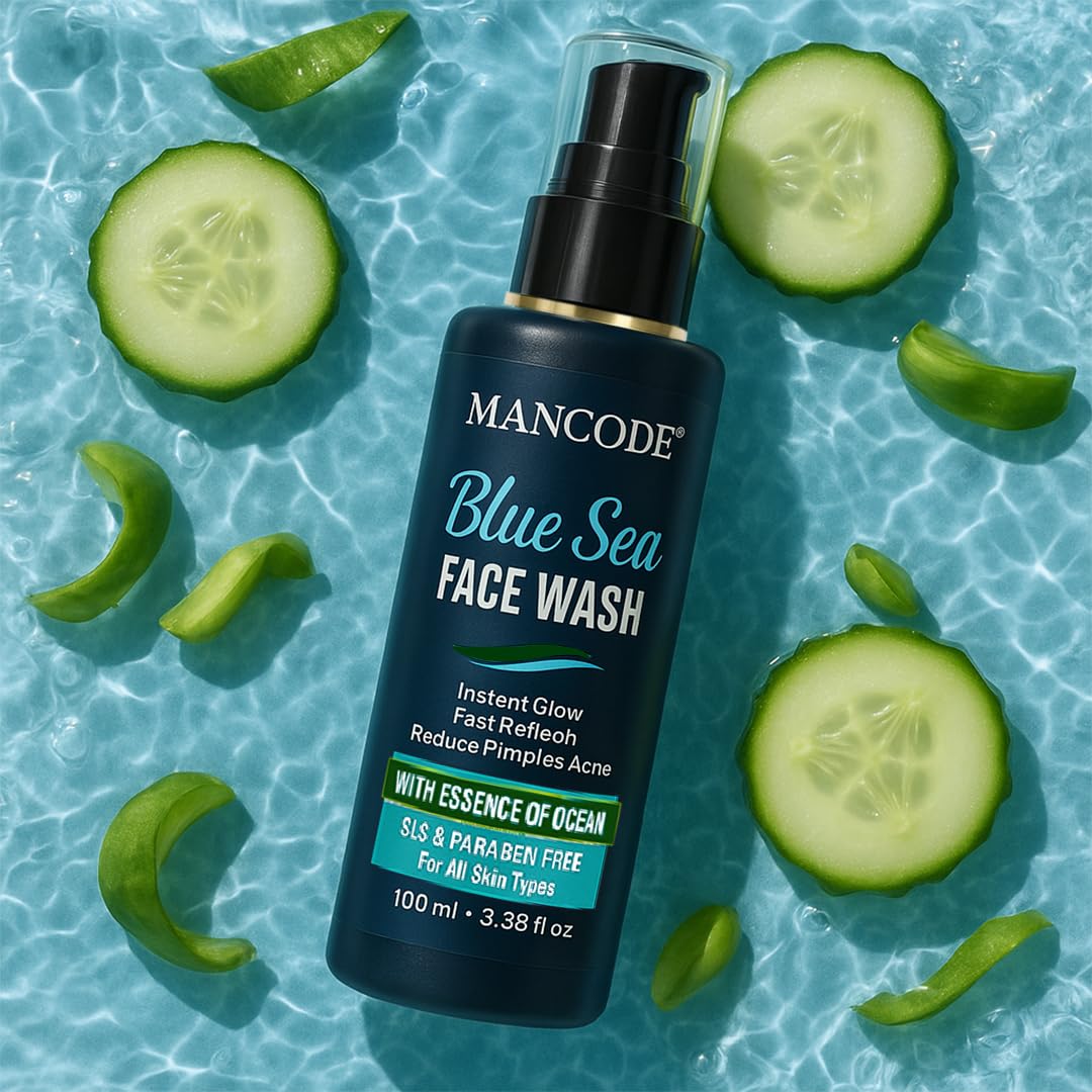 Mancode Blue Sea Face Wash-100ml | Instant Glow & Refreshing Feel | Reduces Pimples & Acne | Enriched with Ocean Essence | Paraben-Free, Gentle Formula for All Skin Types | Deep Cleansing