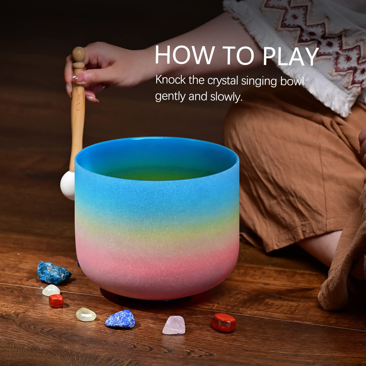 CVNC 8 Inch Rainbow Colored G Note Throat Chakra Frosted Quartz Crystal Singing Bowl Free mallet & O-ring Sound Healing Instrument