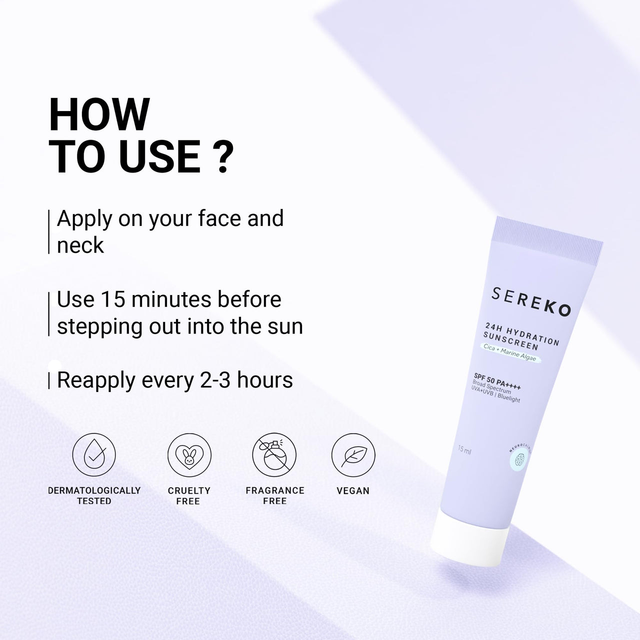 Sereko Sunscreen SPF 50 PA++++ Creme Gel with Zero White Cast for Women & Men | 24hrs Hydration, Quick Absorbing & Non Greasy | UVA+UVB & Blue Light Protection | Suitable to All Skin Type (15ml)