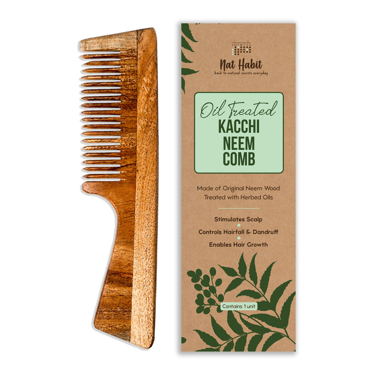 Nat Habit Kacchi Neem Wooden Comb - Soaked In 17 Herbs Neem & Sesame Oil For Multi-Actions - Detangling, Frizz Control & Shine, Suited For All Hair Types (Fine Tooth)