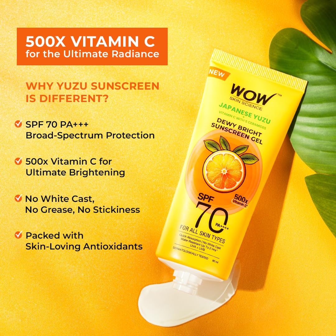 WOW Skin Science Japanese Yuzu + Vitamin C with 5 Ceramides Dewy Bright Sunscreen Gel | SPF 70 PA++++ 500x Vitamin C | Quick Absorption | No White Cast | Water Resistant | UVA + UVB Protection | 80ml