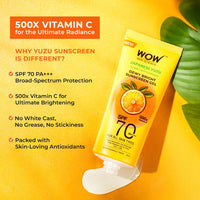 WOW Skin Science Japanese Yuzu + Vitamin C with 5 Ceramides Dewy Bright Sunscreen Gel | SPF 70 PA++++ 500x Vitamin C | Quick Absorption | No White Cast | Water Resistant | UVA + UVB Protection | 80ml