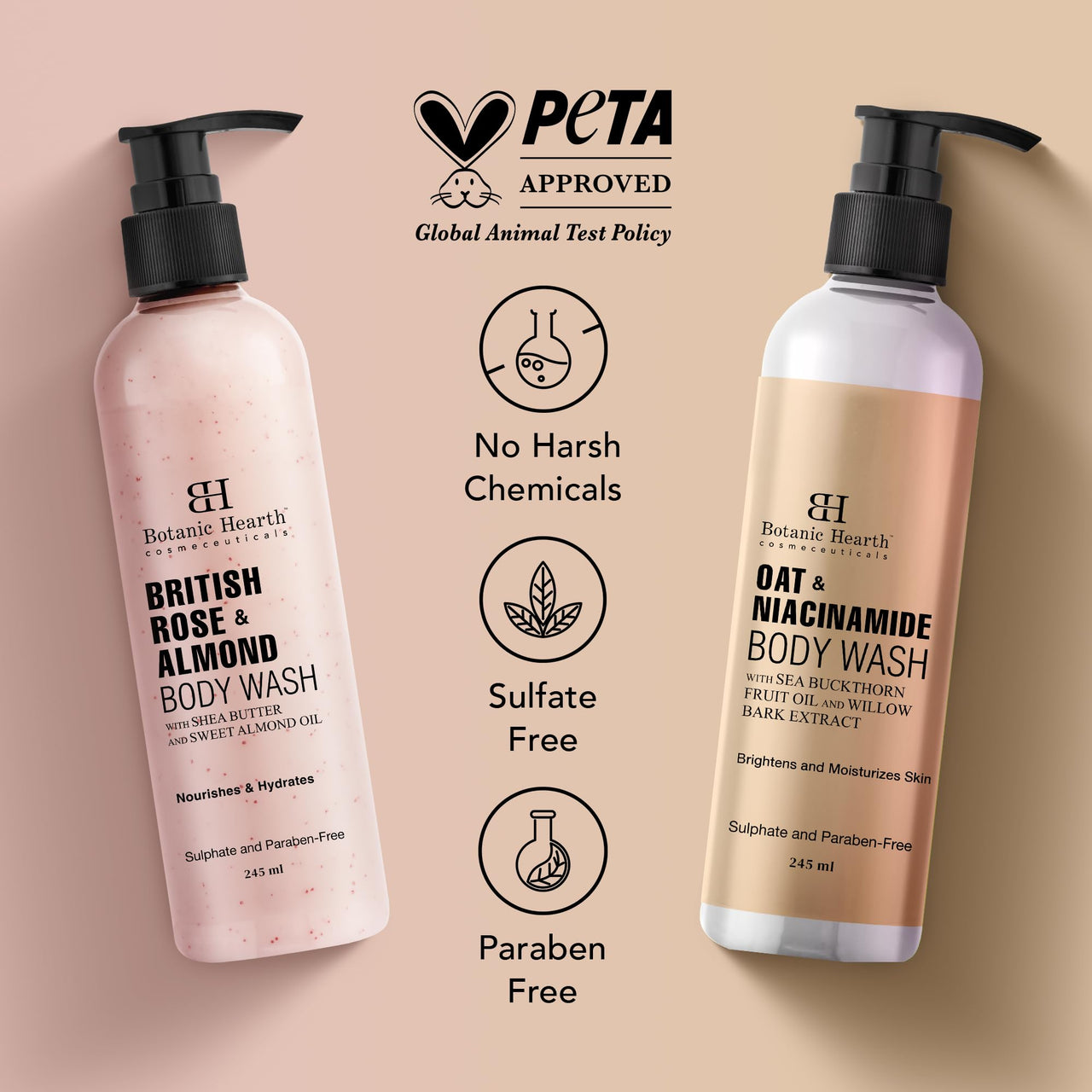 Botanic Hearth Oat Niacinamide and British Rose Almond Body Wash 245 ml each