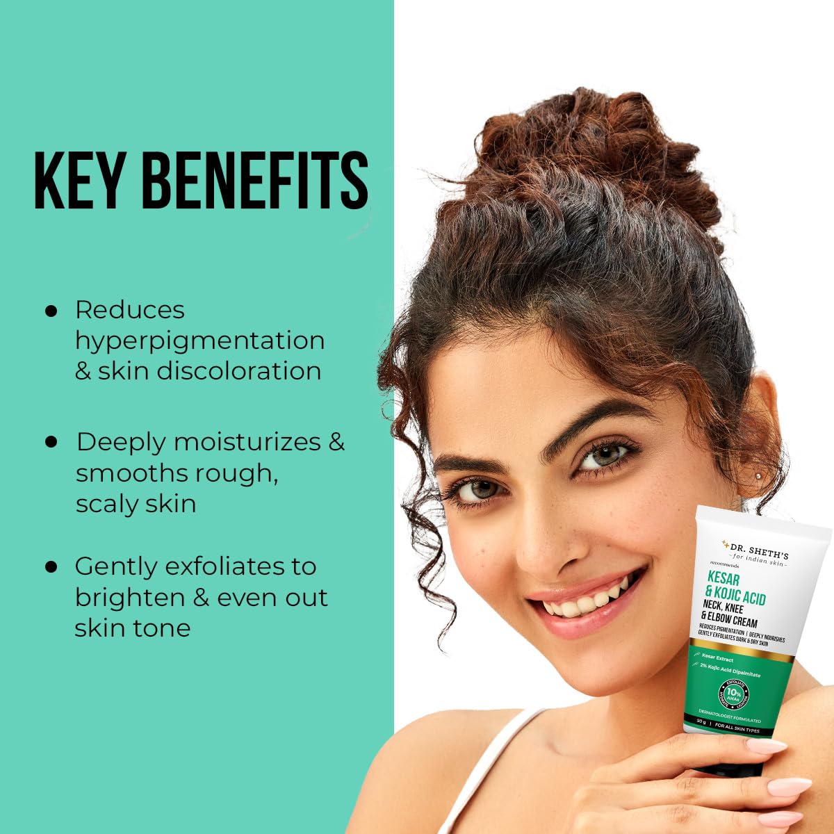 Dr. Sheth's Kesar & Kojic Acid Neck, Knee & Elbow Cream | Clinically Tested | Helps To Reduce Pigmentation | 10% AHAs+2% Kojic Acid+Urea | For Dark Neck, Ankles, Knuckles, Knees, Thighs & Elbows | 50g