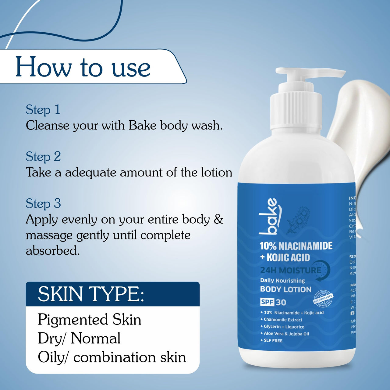 BAKE 10% Niacinamide Body Lotion SPF 30 with Kojic Acid for Acne Marks & Dark Spots, Pigmentation, Tan Removal | For Women & Men | 200ml