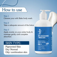 BAKE 10% Niacinamide Body Lotion SPF 30 with Kojic Acid for Acne Marks & Dark Spots, Pigmentation, Tan Removal | For Women & Men | 200ml