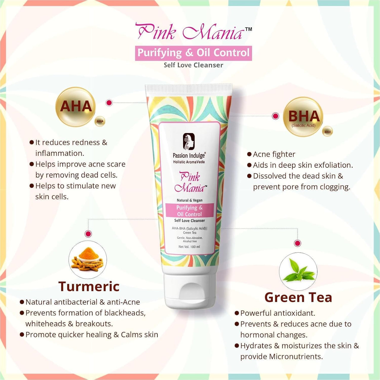 Passion Indulge AHA BHA Face Wash For Acne, Oily skin | Pinkmania Cleanser For Skin Purifying & Oil Control With Turmeric & Green Tea | Acne Removal - 100 ml