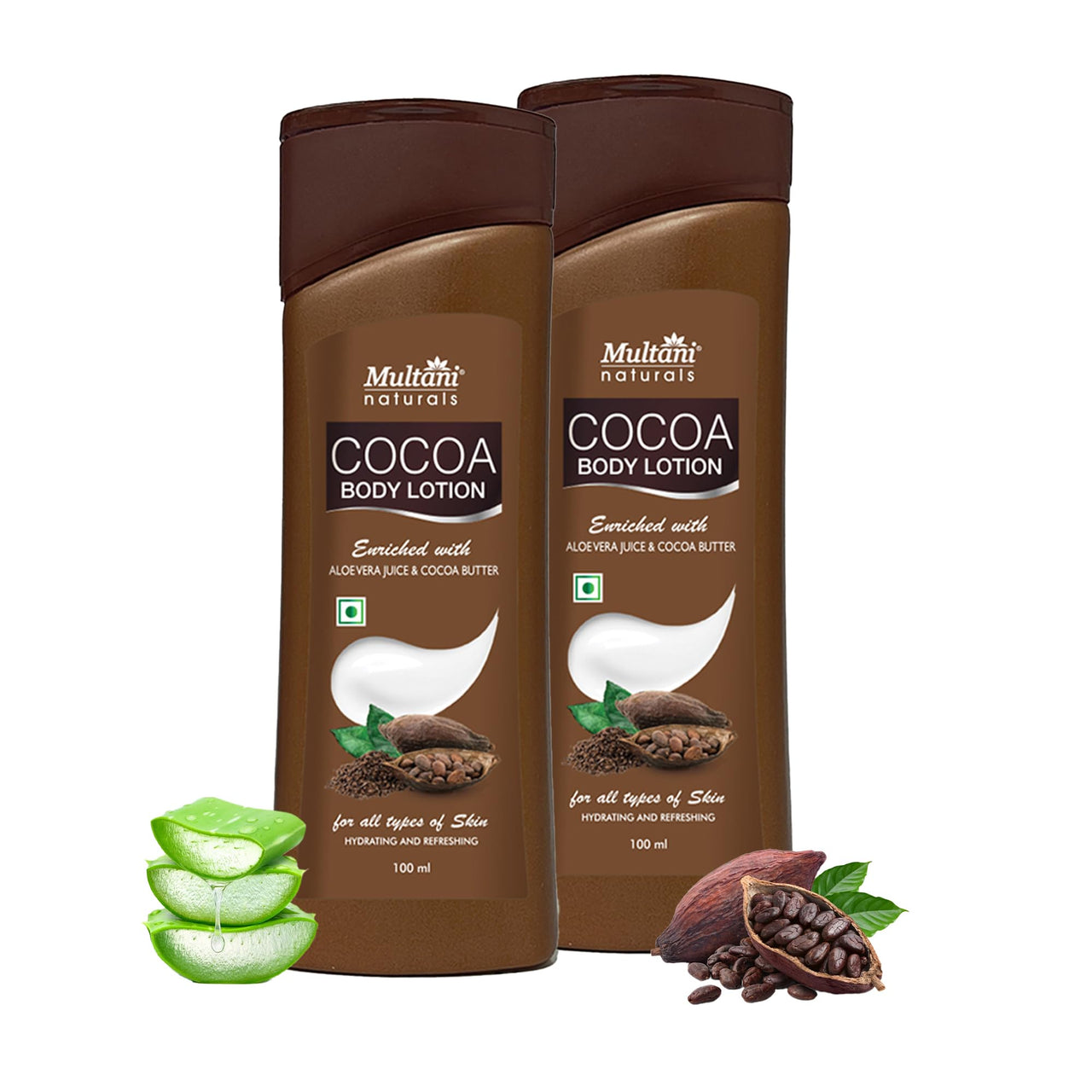 Multani Naturals Cocoa Body Lotion | Long Lasting Nourishment |Hydrating & Refreshing Skin| With Aloevera Juice & Cocoa Butter | Suitable for Normal to Dry Skin | Non Sticky & Non Greasy Lightweight Body Lotion - 100 ML (Pack of 2)