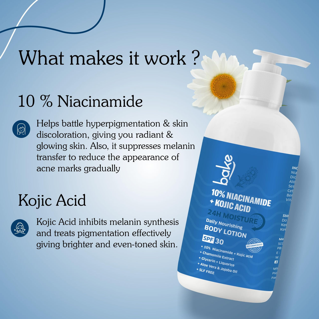 BAKE 10% Niacinamide Body Lotion SPF 30 with Kojic Acid for Acne Marks & Dark Spots, Pigmentation, Tan Removal | For Women & Men | 200ml