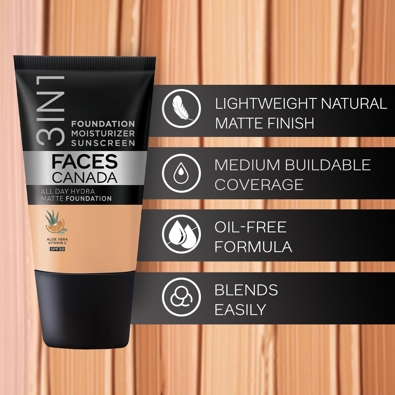 FACES CANADA All Day Hydra Matte Foundation - Mini | 3in1 Foundation + Moisturizer + SPF 30 | 24 HR Aloe Hydration & Vitamin C | 10HR Wear | Medium to High Buildable Coverage | Warm Sand (18 ml)