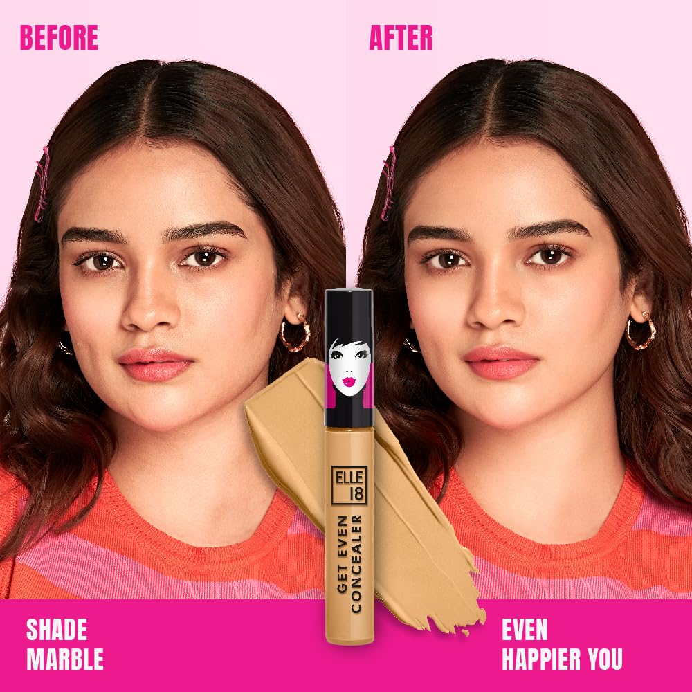 Elle18 Get Even Concealer, Marble, Buildable Coverage Concealer, Covers Dark Spots, Under-eye & Fine Lines, Crease Resistant, Infused with Niacinamide| 5.4ml