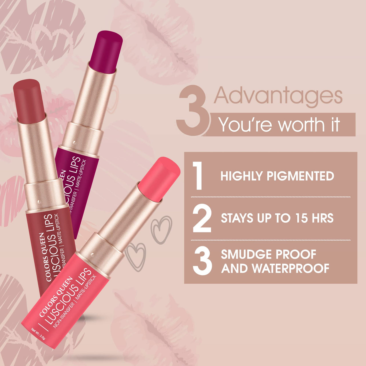 Colors Queen Luscious Lips Creamy Matte Lipstick | Highly Pigmented with Smooth Application | Smudge Proof & Waterproof | Long Lasting Lipstick for Women (Royal Rust Maroon - 3.5g)