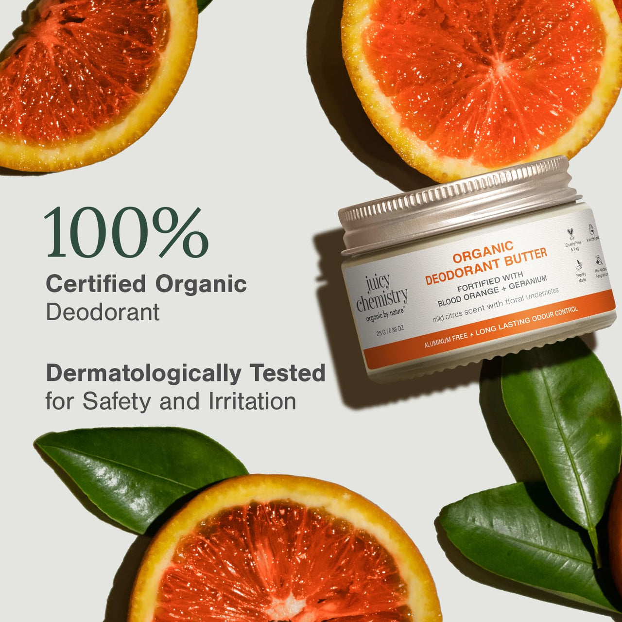 Juicy Chemistry Blood Orange & Geranium Organic Deodorant Jar, 25 g | Deo for Women & Men | Brightening Deodorant Jar & Body Perfume | Reduces Pigmentation | Long Lasting Citrus Fragrance | Safe for Sensitive Skin
