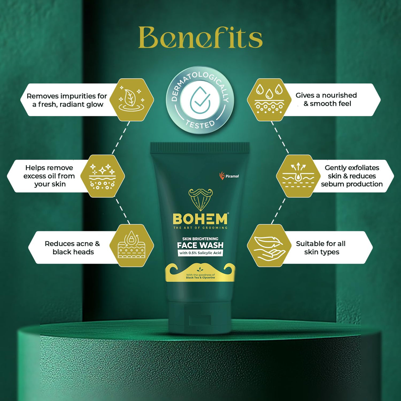 BOHEM Skin Brightening Face Wash for Men |100ml Pack of 2 | Anti Acne FaceWash for Glowing & Brightening Skin with 0.5% Salicylic Acid, Goodness of Black Tea Extract & Glycerine | All Skin Types