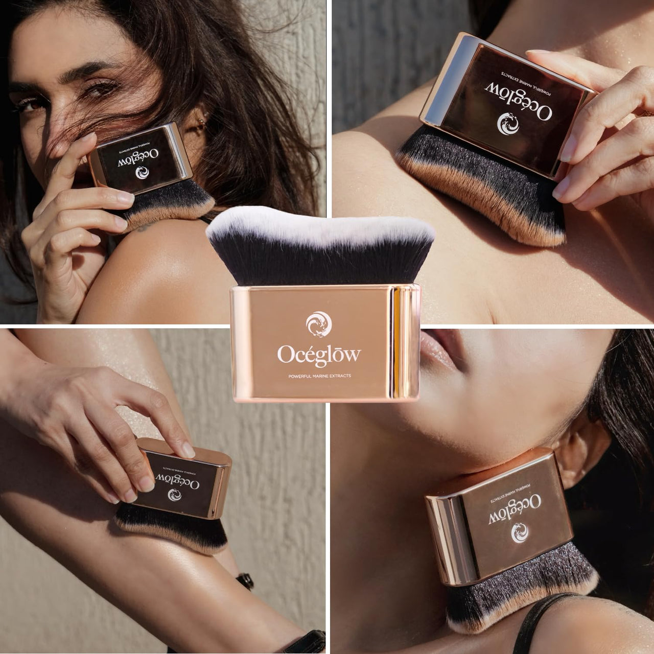 Oceglow Kabuki Brush | Professional Multi-Tasking Makeup Brush | Soft Dense Bristles | Gold Color | Easy to Use for Powder, Foundation, Blush, Shadow, Bronzer & Body.