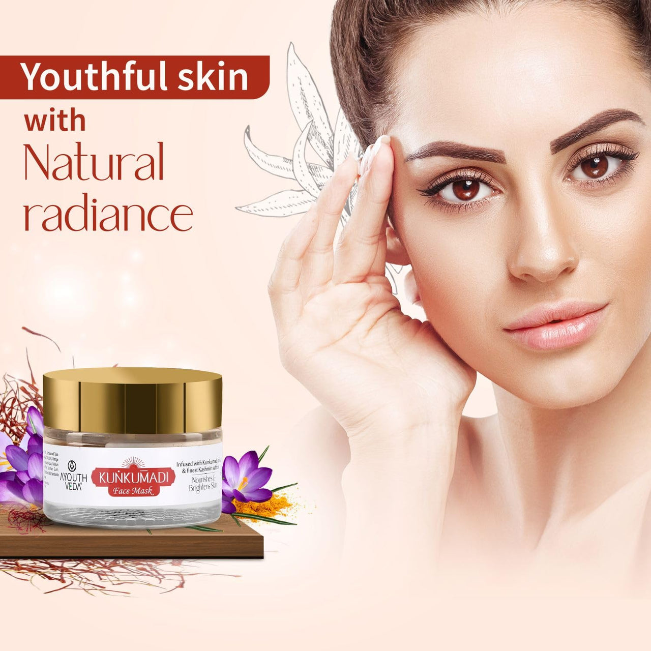 Ayouthveda Kunkumadi Face Mask | Infused with Kumkumadi Taila, Sandalwood, Turmeric & Finest Kashmiri Saffron | Helps to Tighten Pores & Boost Skin Radiance (Pack Of 1-50gm)