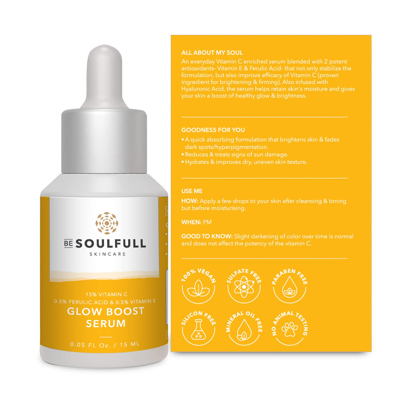 BE SOULFULL 15% Vitamin C Serum with 0.5% Ferulic Acid & 0.5% Vitamin E for Glowing Skin-Skin Brightening Serum-Antioxidant Serum-Reduce Wrinkles & Dark Spots, 15ml / 0.05 Fl Oz