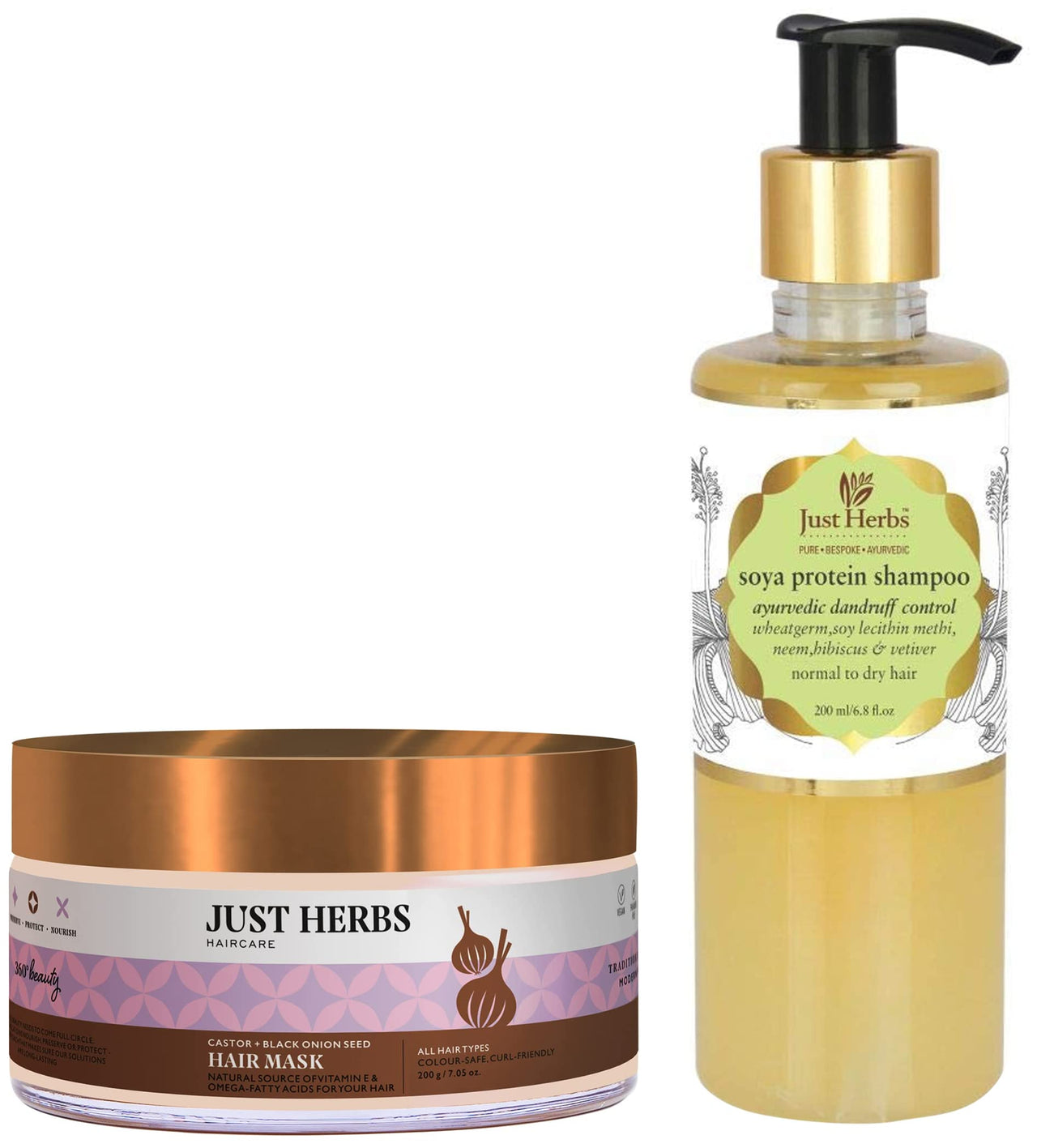 Just Herbs Dandruff Control Ayurvedic Soya Protein Shampoo & Just Herbs Anti Hairfall Natural Hair Mask with Castor & Black Onion Seed for Dandruff, Boost Hair Growth & Hair Spa - 200gm