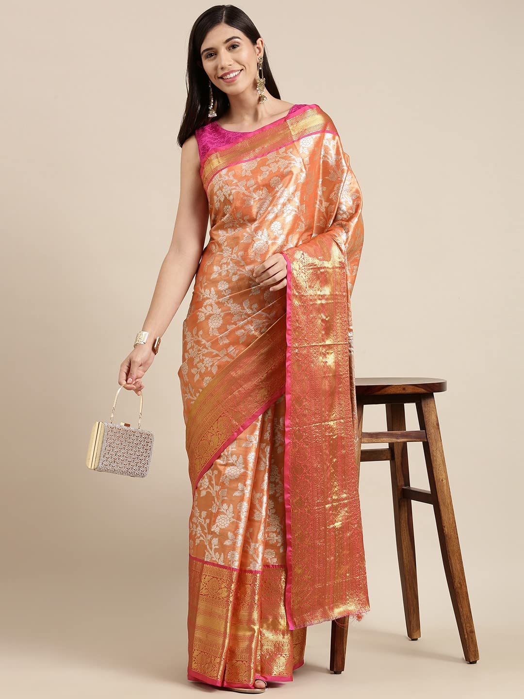 Pandadi Saree Women's  Arasi Soft Tissue Banarasi Silk Dharmavaram Pattu Saree With Unstiched Blouse Piece