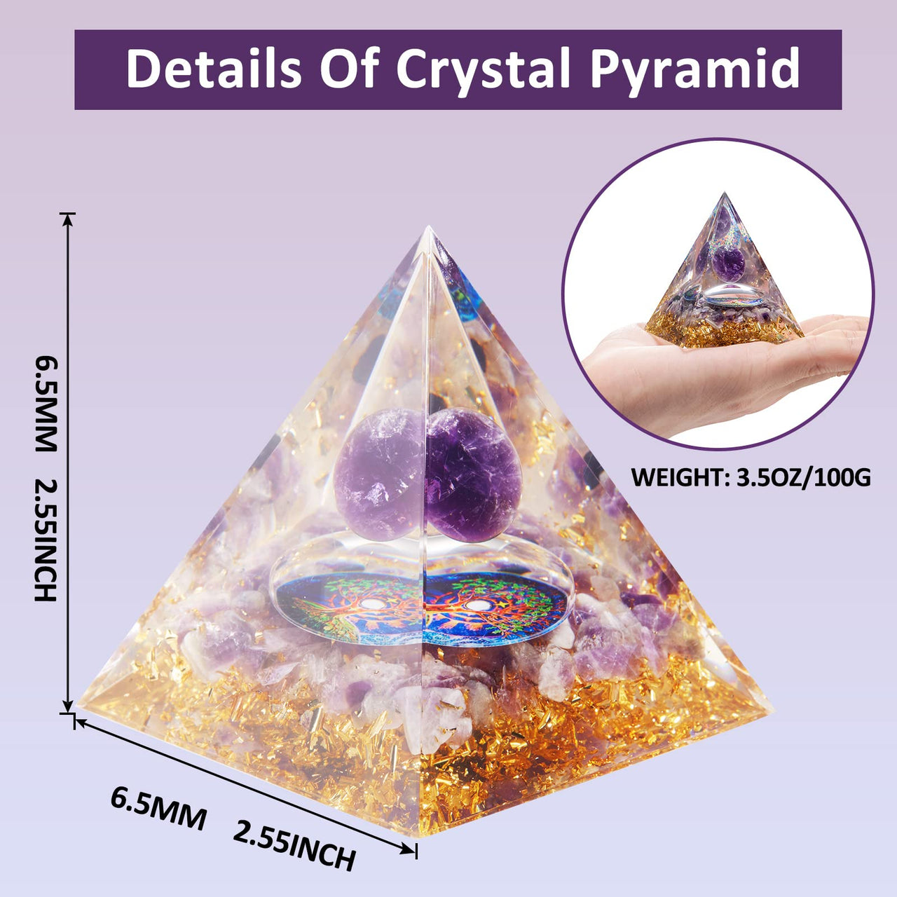 Orgone Pyramid - Orgonite Healing Amethyst Crystal Sphere with Reiki Obsidian Protection Handmade Pyramids Valentines Day Gift Home Office Decor Positive Energy for Balancing (Amethyst+Tree Of Life) Amethyst+Tree Of Life