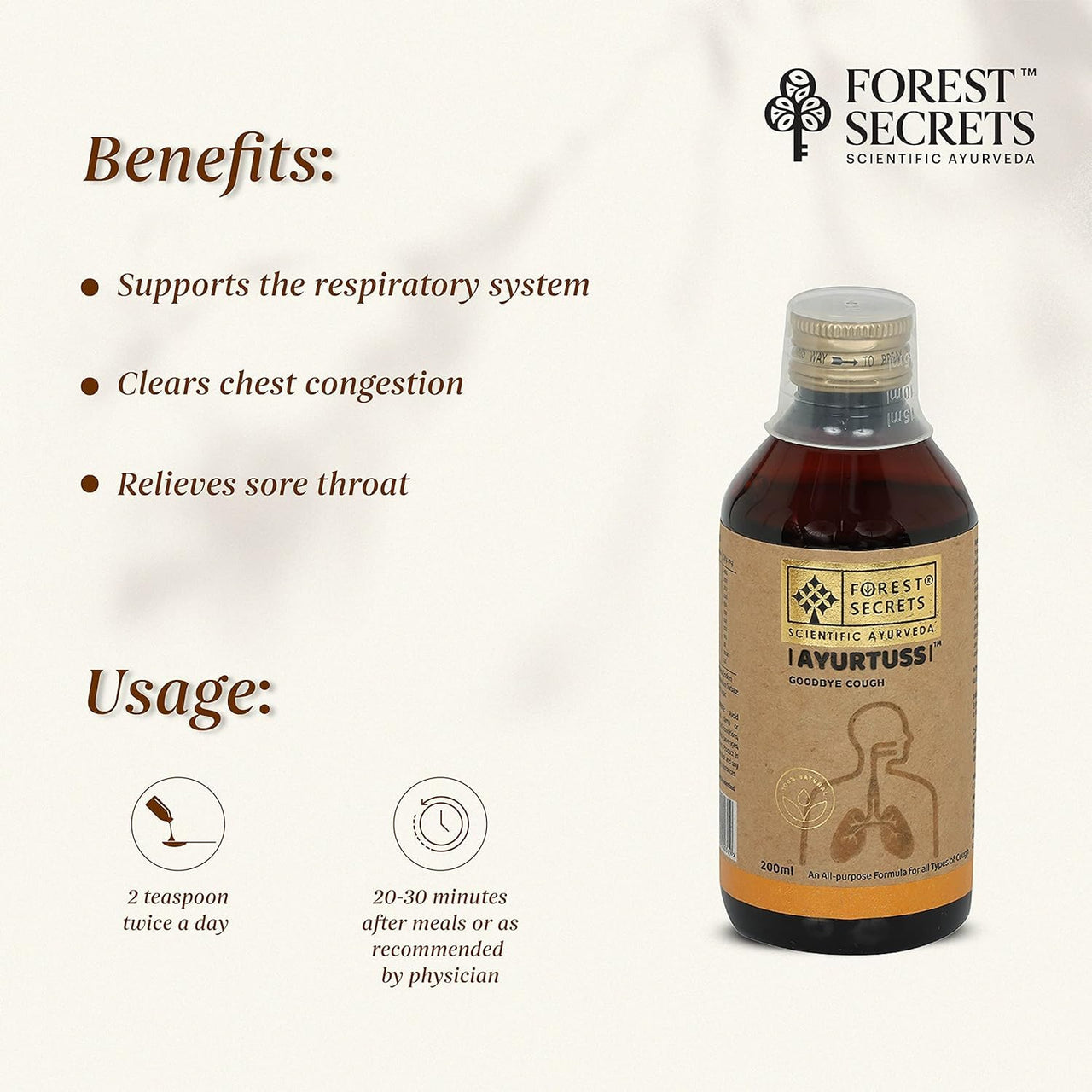 Forest Secrets Ayurtuss Cough Syrup- 200ml, Non-Drowsy Ayurvedic Cough Reliever, Fast Relief from Cough, Sore Throat & Cold (Ayurtuss- Adult (Pack of 1))