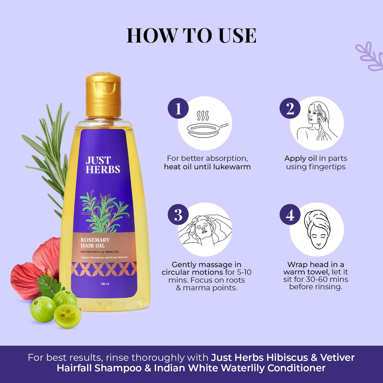 Just Herbs Rosemary Hair Oil | For Hair Growth | Hair Fall Control | Scalp Health | Hair Follicles Ideal for Regular Use and Suitable for All Hair Types | Men & Women 180ml