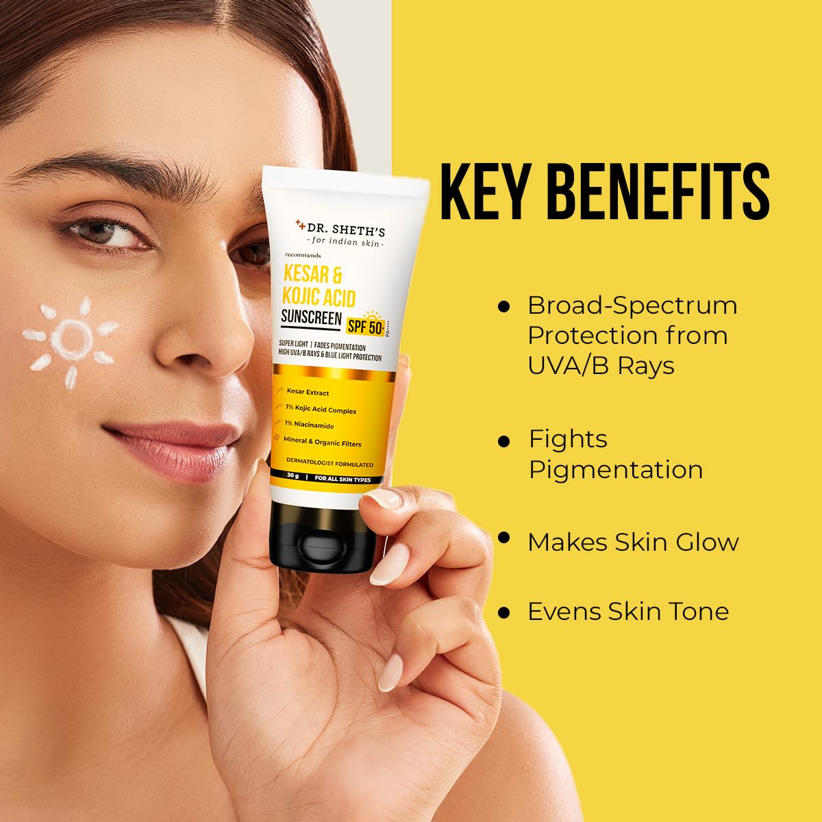 Dr. Sheth's Kesar & Kojic Acid Sunscreen with SPF 50 Pa++++ | For Pigtation-Free Skin | No White Cast & Light Weight | For Daily Moisturization | For All Skin Types | 30 g