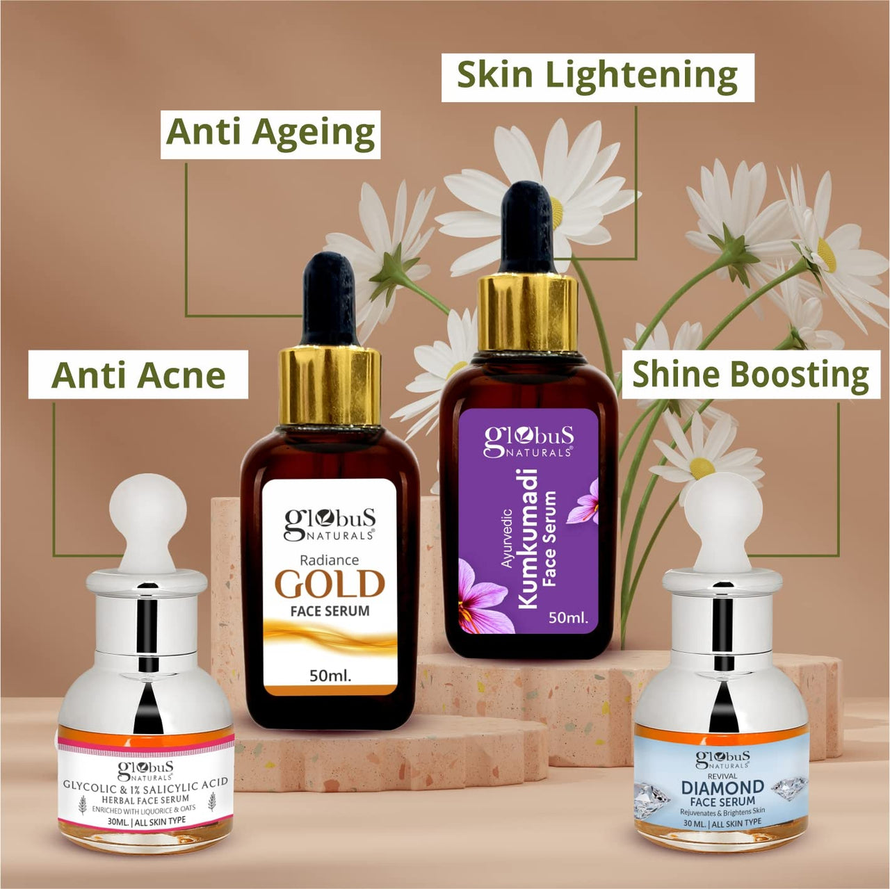 Globus Naturals Glycolic & 1% Salicylic Acid Anti Acne Face Serum, For Oily & Acne Prone Skin, Natural & Ayurvedic Formula, Chemical Free, Cruelty Free, 30 ml, Pack of 5