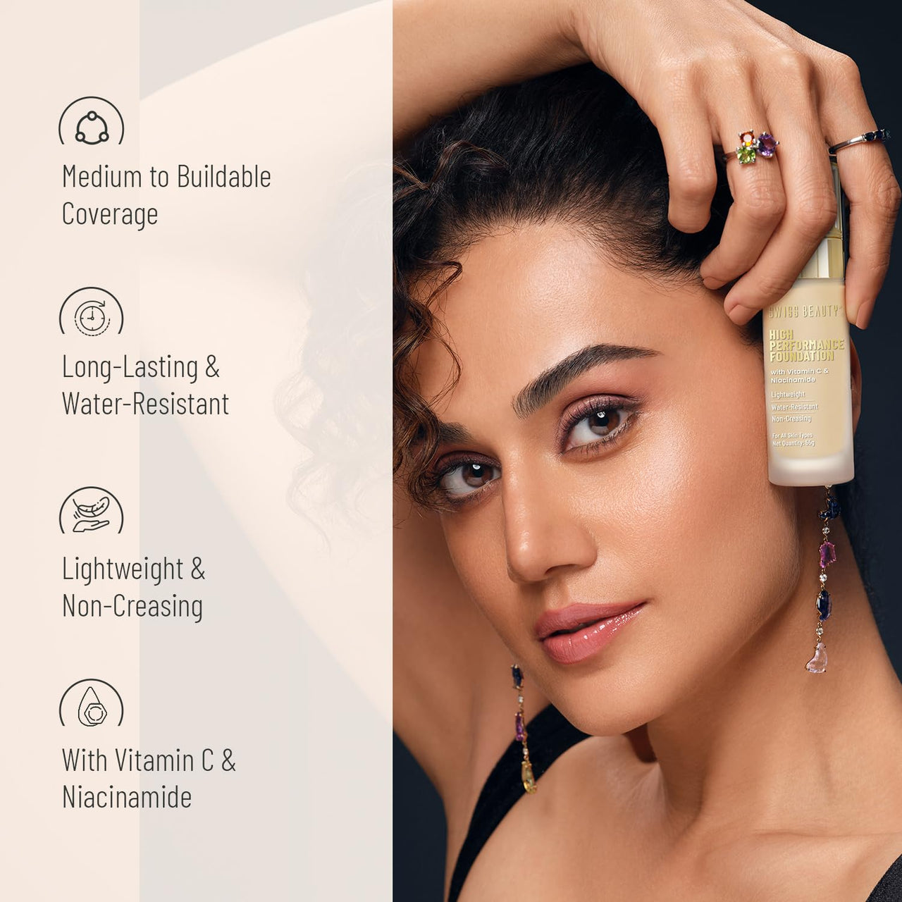Swiss Beauty High Performance Foundation | Water-Resistant | Medium To Buildable Coverage Liquid Dewy Finish | Lightweight | Easy To Blend | With Vitamin C & Niacinamide | 07 Natural Buff, 55G